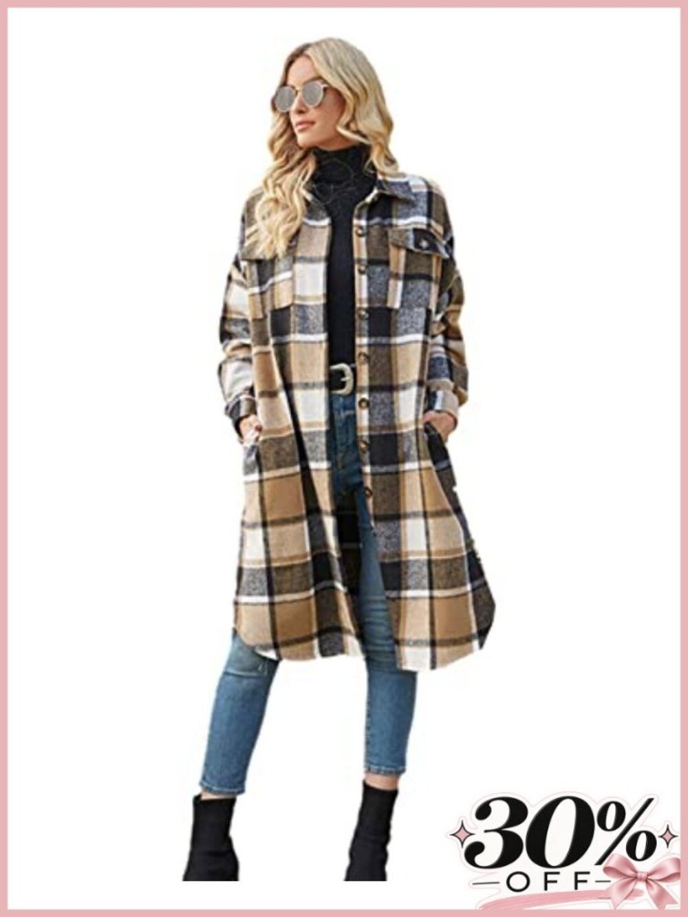 Women's Plaid Shacket Jacket Button Down Long Sleeve Coat